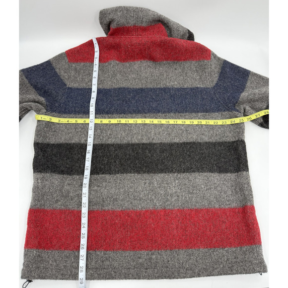Woolrich Pullover Sweater Mens Large Gray Red Blue Striped Hooded Wool USA Made - Picture 2 of 6
